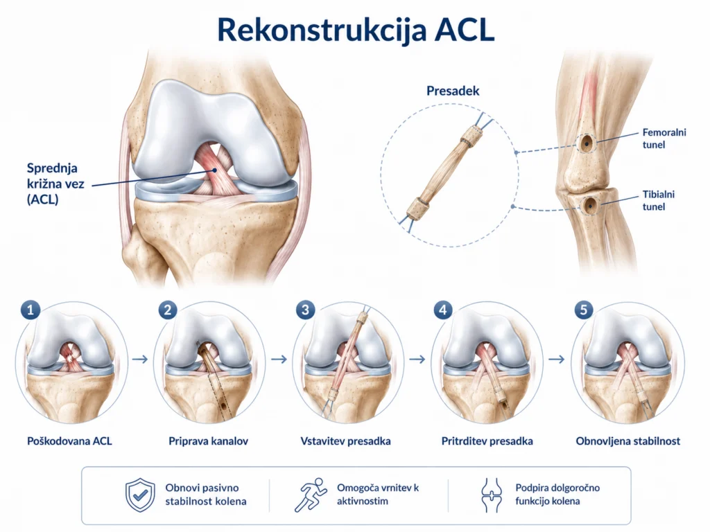 Prikaz rekonstrukcije ACL oziroma operacije sprednje križne vezi s presadkom