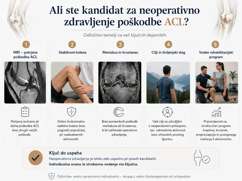 Ocena primernosti za zdravljenje ACL brez operacije glede na MRI, stabilnost kolena in cilje pacienta