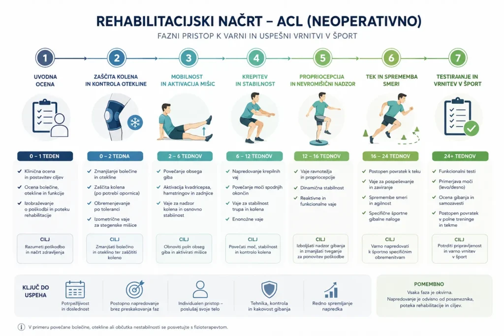 Potek neoperativne ACL rehabilitacije od začetne ocene do testiranja pred vrnitvijo v šport