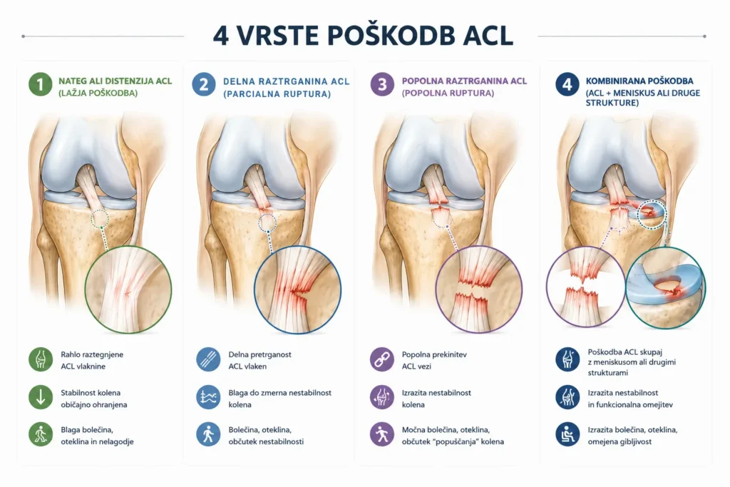 Primerjava distenzije ACL, parcialne rupture ACL, popolne rupture ACL in kombinirane poškodbe