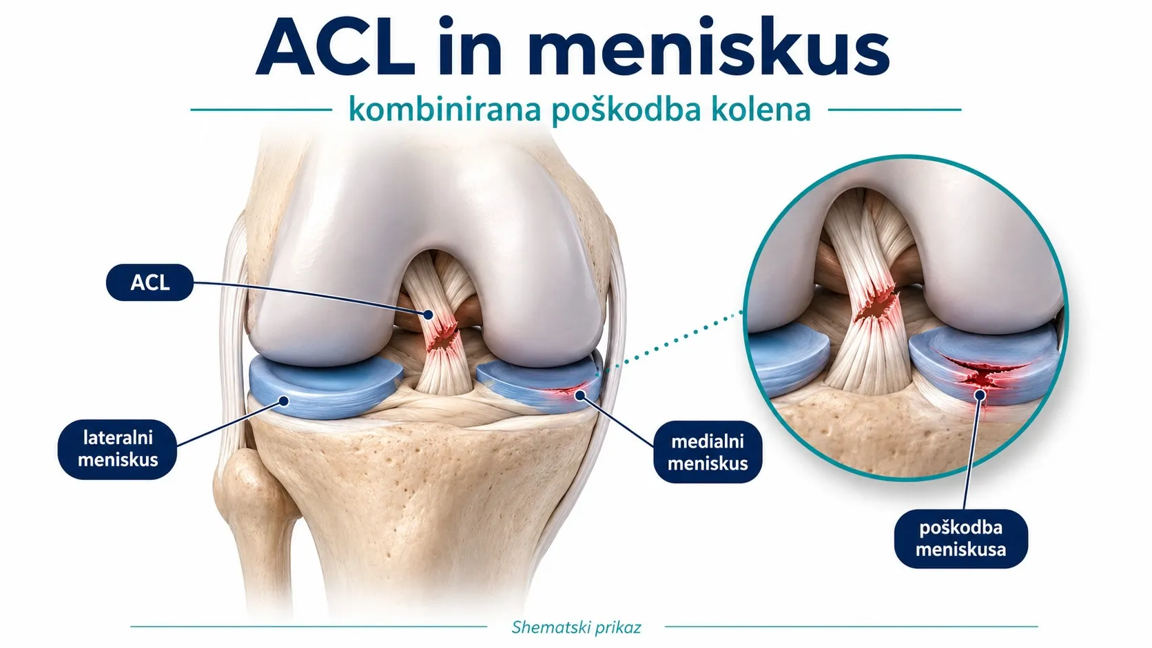 Ilustracija kolena s poškodbo ACL in meniskusa pri kombinirani poškodbi kolena