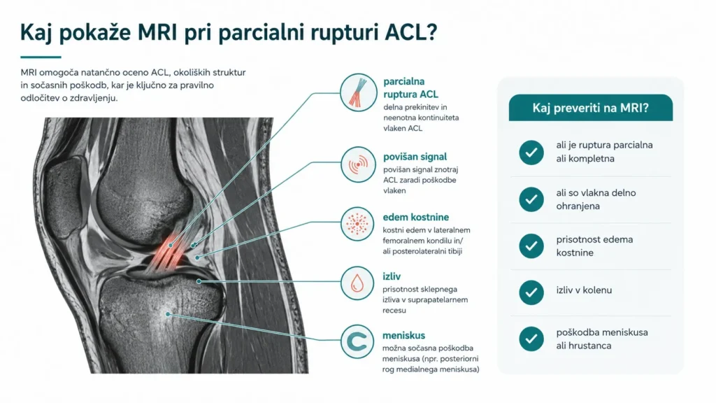 MRI prikaz parcialne rupture ACL s povišanim signalom, edemom kostnine, izlivom v kolenu in oceno meniskusa